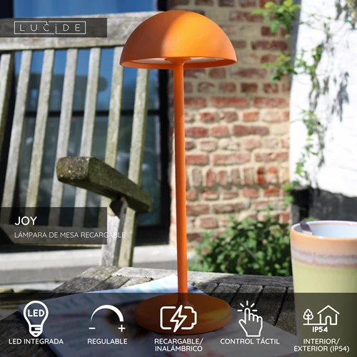 Lucide JOY - Lámpara de mesa Recargable Dentro/Fuera - Batería/acumulador - Ø 12 cm - LED Regul. - 1x1,5W 3000K - IP54 - Naranja - USP